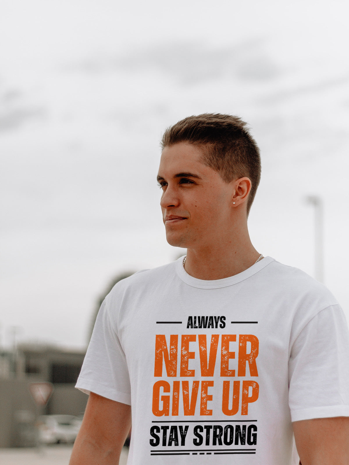 Never Give Up T-Shirt | Round Neck T-Shirt | White Motivational Tee | White